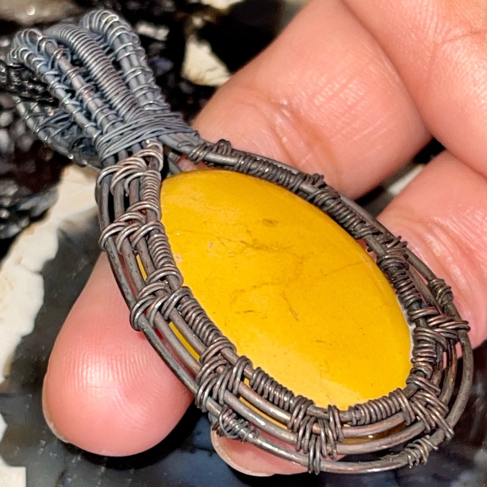 Copper Wire-Wrapped Golden Yellow Mookaite Jasper Pendant 2 1/2”